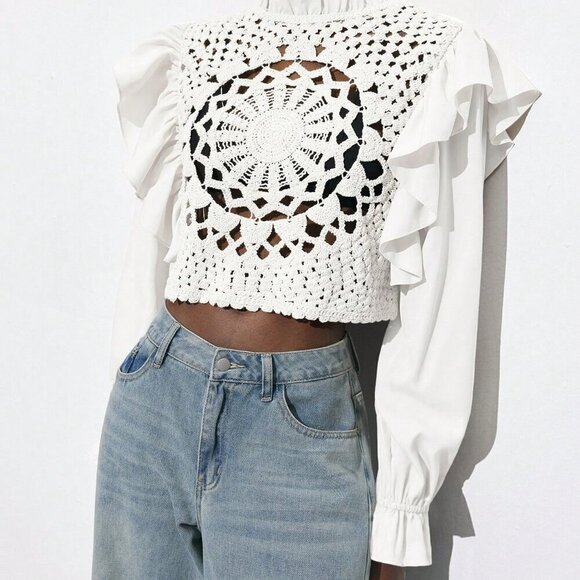 White Casual Women's Apricot Hollow Hook Flower Splicing Ruffles Tops - Picture 2 of 7